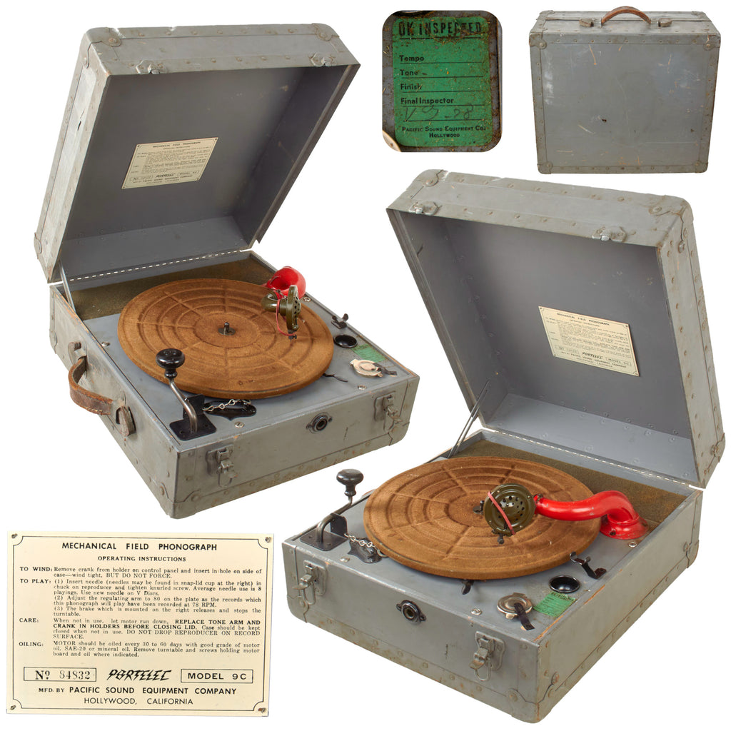 Original U.S. WWII U.S. Navy Portelec Model 9C Mechanical Field Phonograph by Pacific Sound Equipment Co. of Hollywood - Serial 84832
