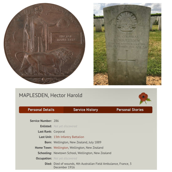Original British Australian New Zealand ANZAC 13th Battalion Australian Infantry Death Penny with Printed Research - Hector Maplesden, Service Number 286 Original Items