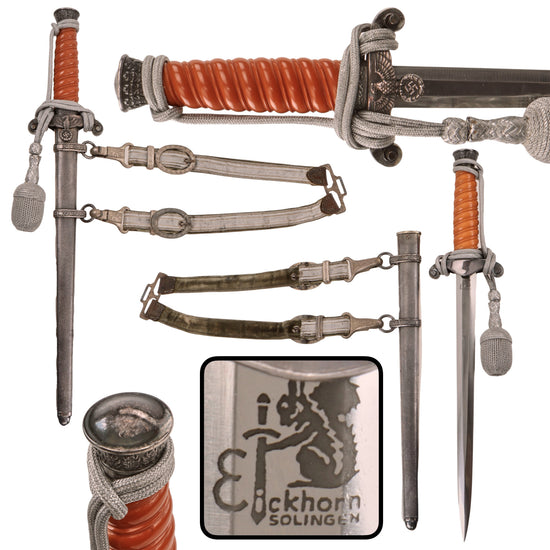 Original German WWII Early Excellent Heer Army Officer Dagger by Carl Eickhorn of Solingen with Scabbard, Hanger and Portepee, 1935-1941 Trademark Original Items
