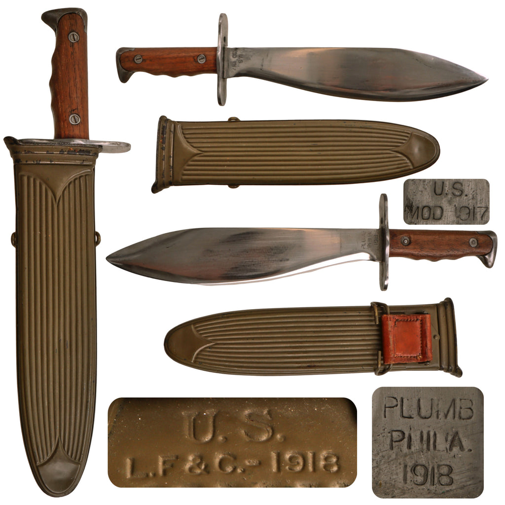 Original U.S. WWI Model 1917 Nickel-Plated Bolo Knife by Plumb Philadelphia with Rare Steel Scabbard by L.F.&C Dated 1918 Original Items