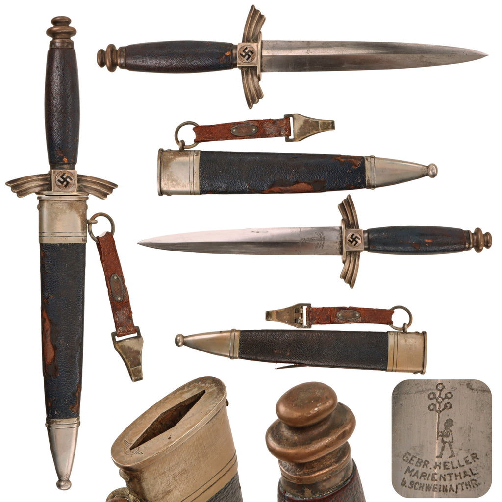Original German WWII Early NSFK Glider Pilot Dagger by Gebrüder Heller with DFK Marked Scabbard and Leather Hanger Original Items
