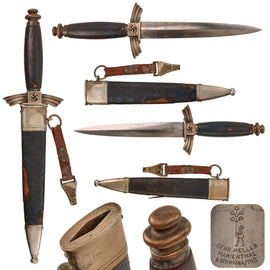 Original German WWII Early NSFK Glider Pilot Dagger by Gebrüder Heller with DFK Marked Scabbard and Leather Hanger