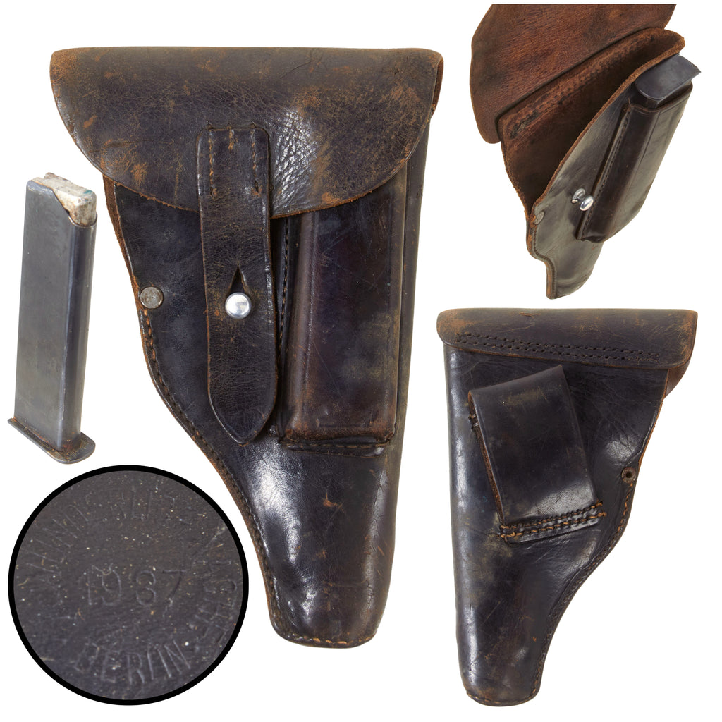 Original German Pre-WWII / WWII 1937-Dated 7.65mm (.32 ACP) Mauser 1914/1934-Type Leather Pistol Holster with Spare Magazine