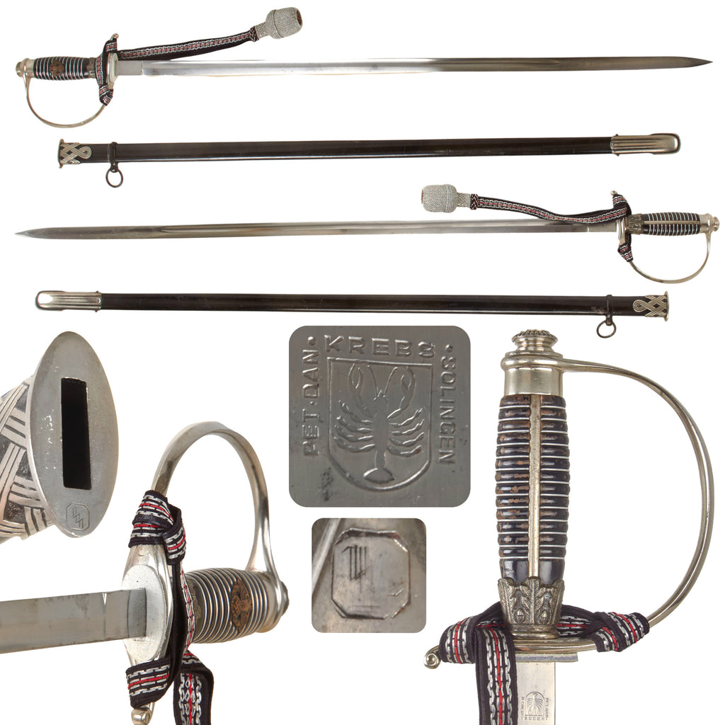 Original German WWII SS Police Officer's Degen Dress Sword and Scabbard by Peter Daniel Krebs with SS-Kulturzeichen Markings and Replica Troddel Knot Original Items