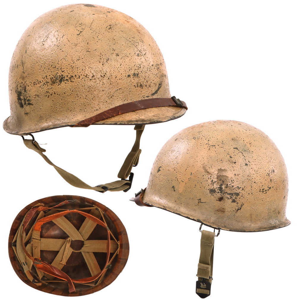 Original U.S. WWII Complete M1 McCord Swivel Bale Front Seam Helmet with Period Sand Camouflage & International Molded Plastics Liner