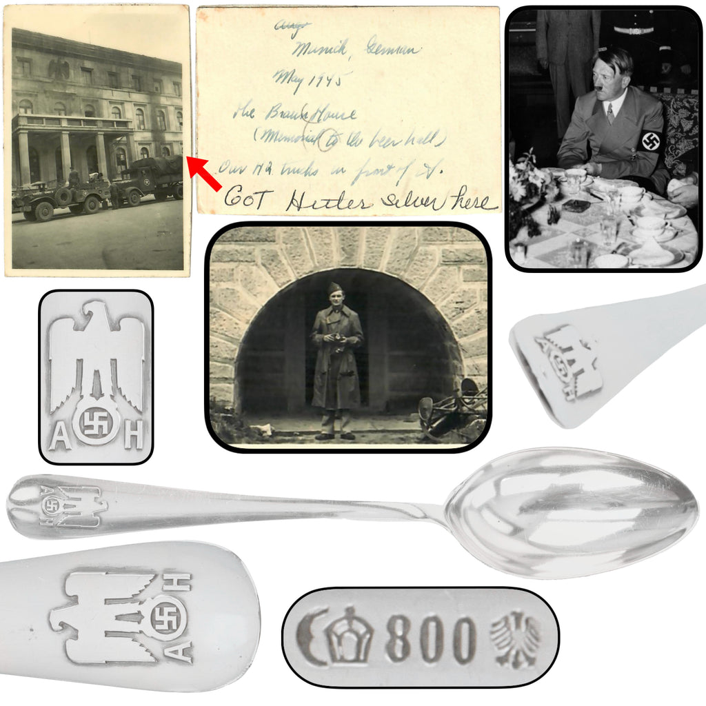 Original German WWII May 1945 Munich Führerbau Recovered AH “Informal Pattern” .800 Silver Serving Spoon by Bruckmann & Söhne with Notarized Provenance from Captain Abraham Epstein - 1269th Engineer Combat Battalion