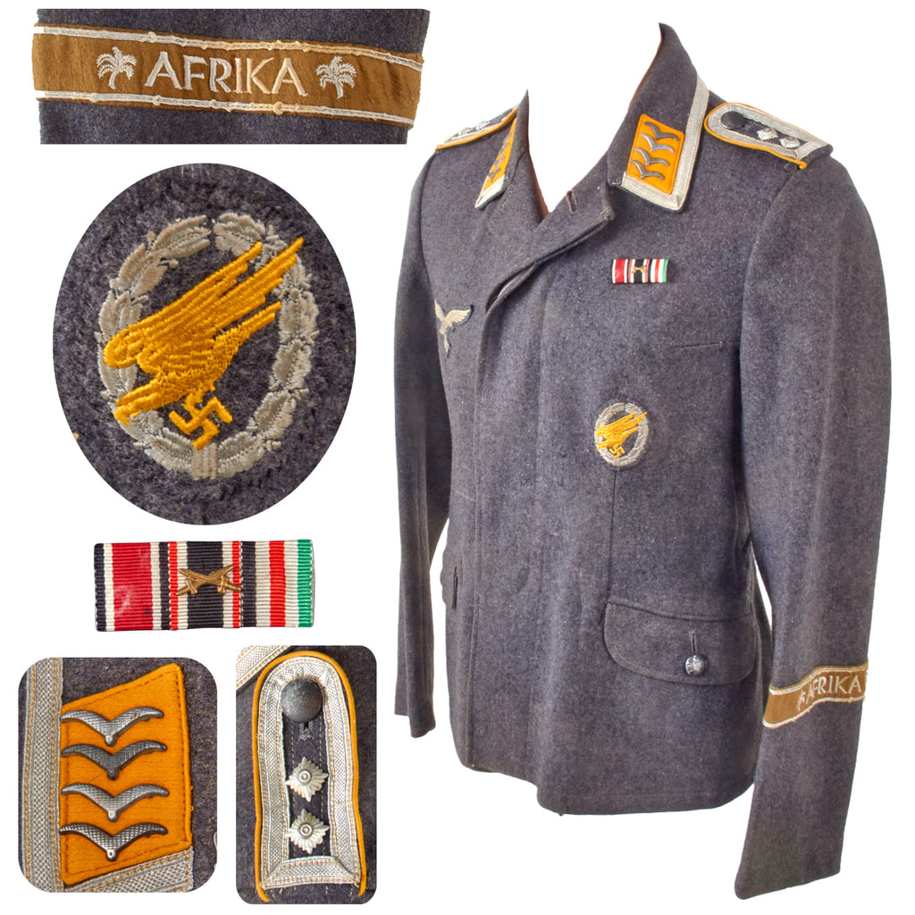 Original German WWII Luftwaffe Fallschirmjäger Oberfeldwebel NCO Fliegerbluse Tunic with AFRIKA Cuff Title, Embroidered Paratrooper Badge, and Medal Bar