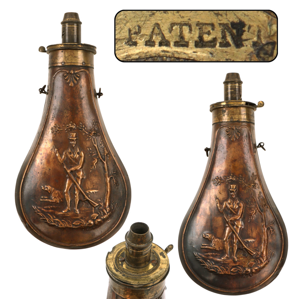 Original U.S. Mexican-American War Era Hunter with Dogs Powder Flask - Marked PATENT