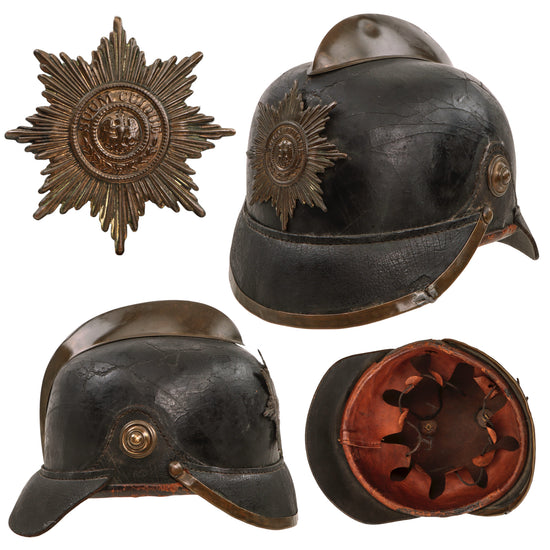 Original Imperial German Pre WWI Fire Brigade Pickelhaube Style Leather Helmet with Suum Cuique Badge & Liner Original Items