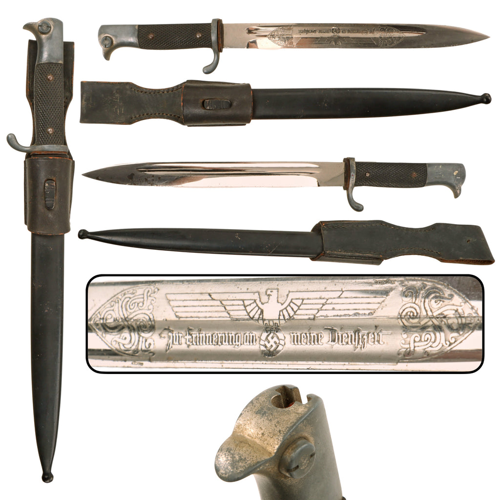 Original German WWII Heer Army Single Etched Long 98k Dress Bayonet with Scabbard and Black Leather Frog Original Items
