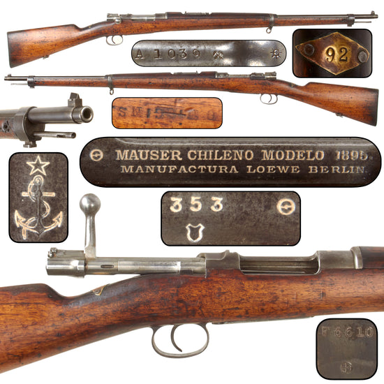 Original German-Made Chilean Navy Contract Mauser Model 1895 Rifle by Ludwig Loewe Berlin, Serial No. 353, Brass Wrist Tag No. 92