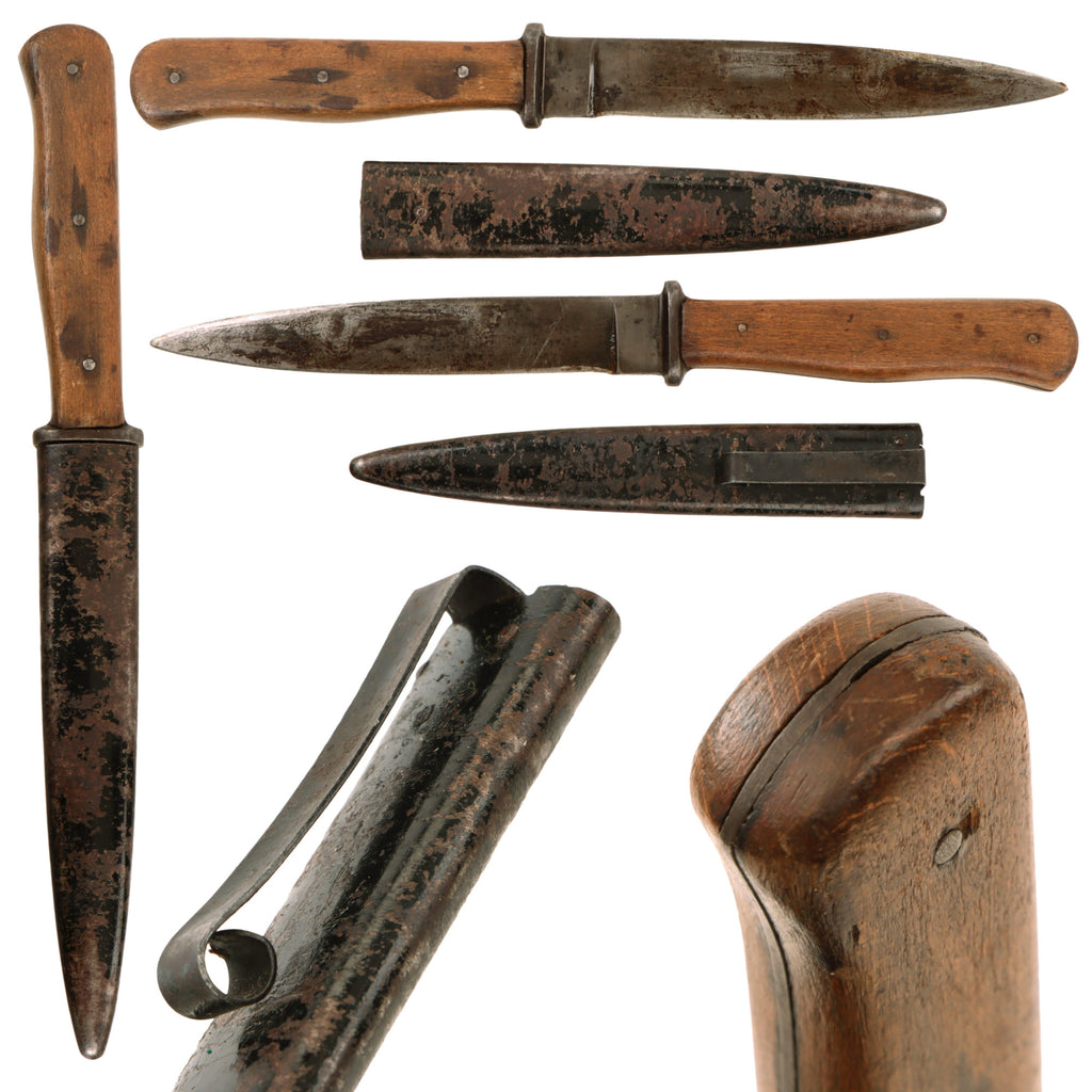 Original German WWII Wood Handle Nahkampfmesser Trench Fighting Knife with Steel Boot Scabbard