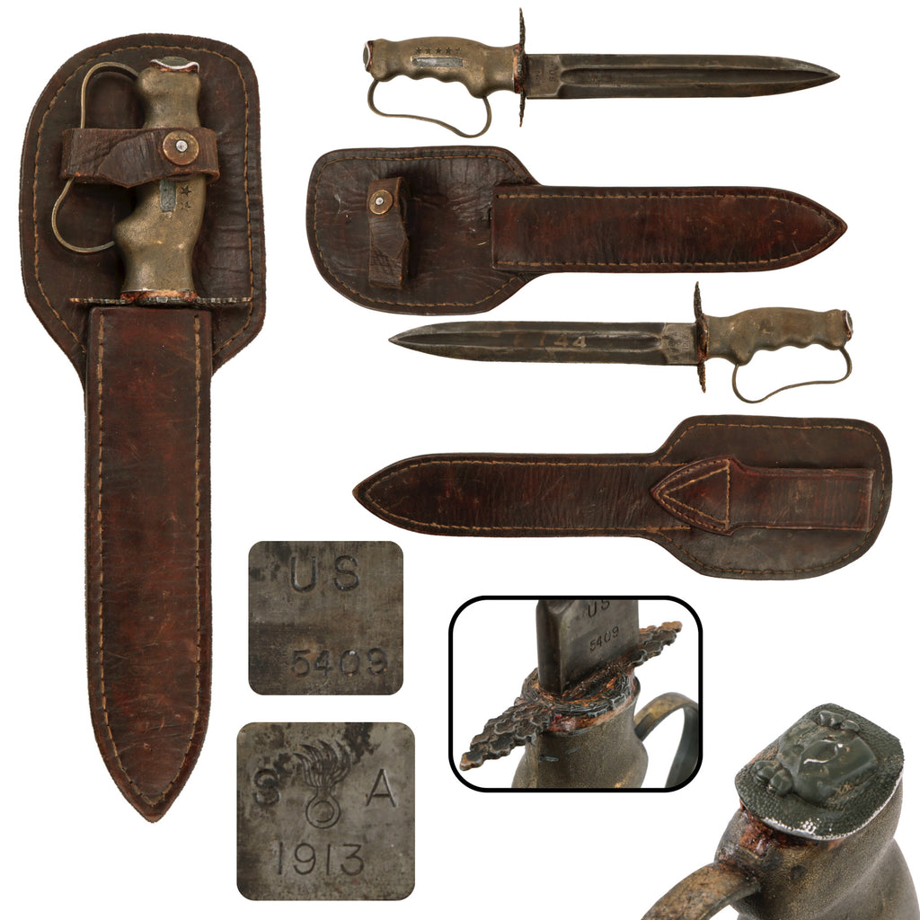 Original U.S. WWII Theater-Made Cut-Down Model 1913 Cavalry “Patton” Saber Fighting Knife with German Front Flying Clasp Crossguard & SS Style Skull Button Pommel in Custom Leather Sheath - Dated June 7th, 1944 Original Items