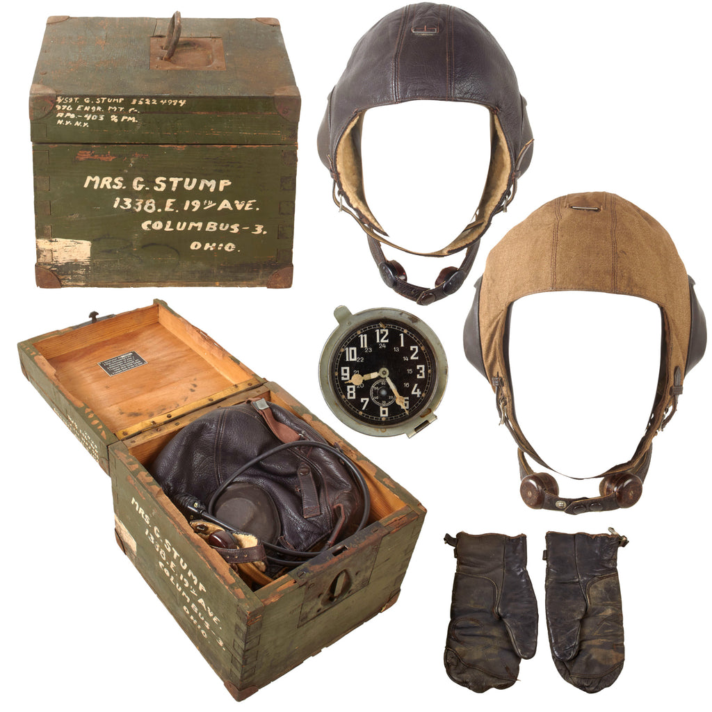Original U.S. WWII Bringback Group of Two German Luftwaffe Flying Helmets, Cockpit Clock, and Flight Gloves in S/Sgt. George A. Stump’s Send-Home Crate Original Items