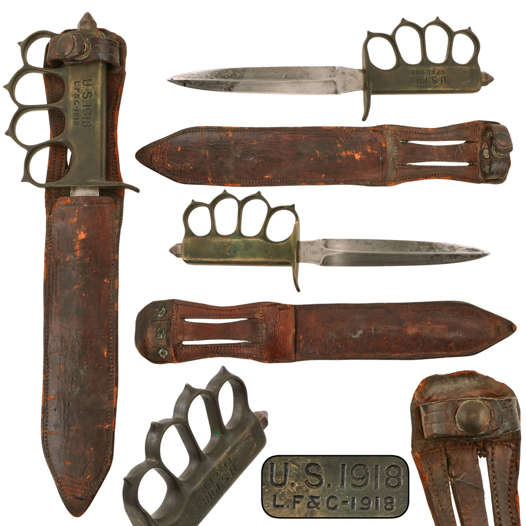 Original U.S. WWI Model 1918 Mark I Trench Knife by L.F. & C. with “The Spaniard” Custom WWII Era Leather Scabbard with Laundry Number