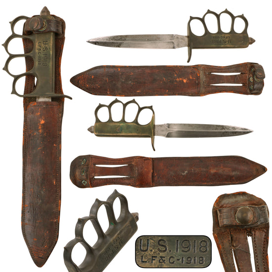 Original U.S. WWI Model 1918 Mark I Trench Knife by L.F. & C. with “The Spaniard” Custom WWII Era Leather Scabbard with Laundry Number
