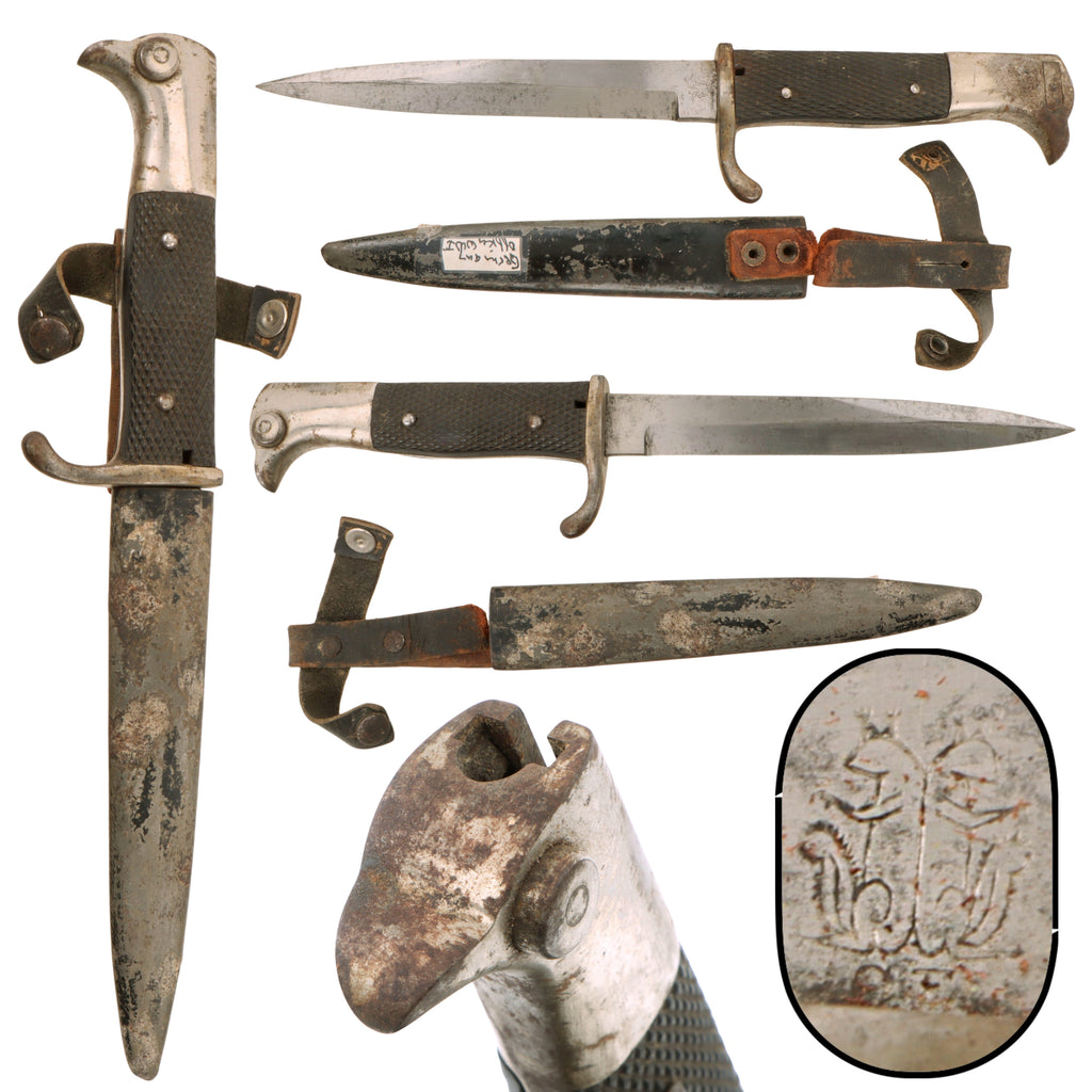 Original Imperial German WWI Carl Eickhorn Solingen Fighting Trench Knife with Double Squirrel Trademark and Steel Scabbard