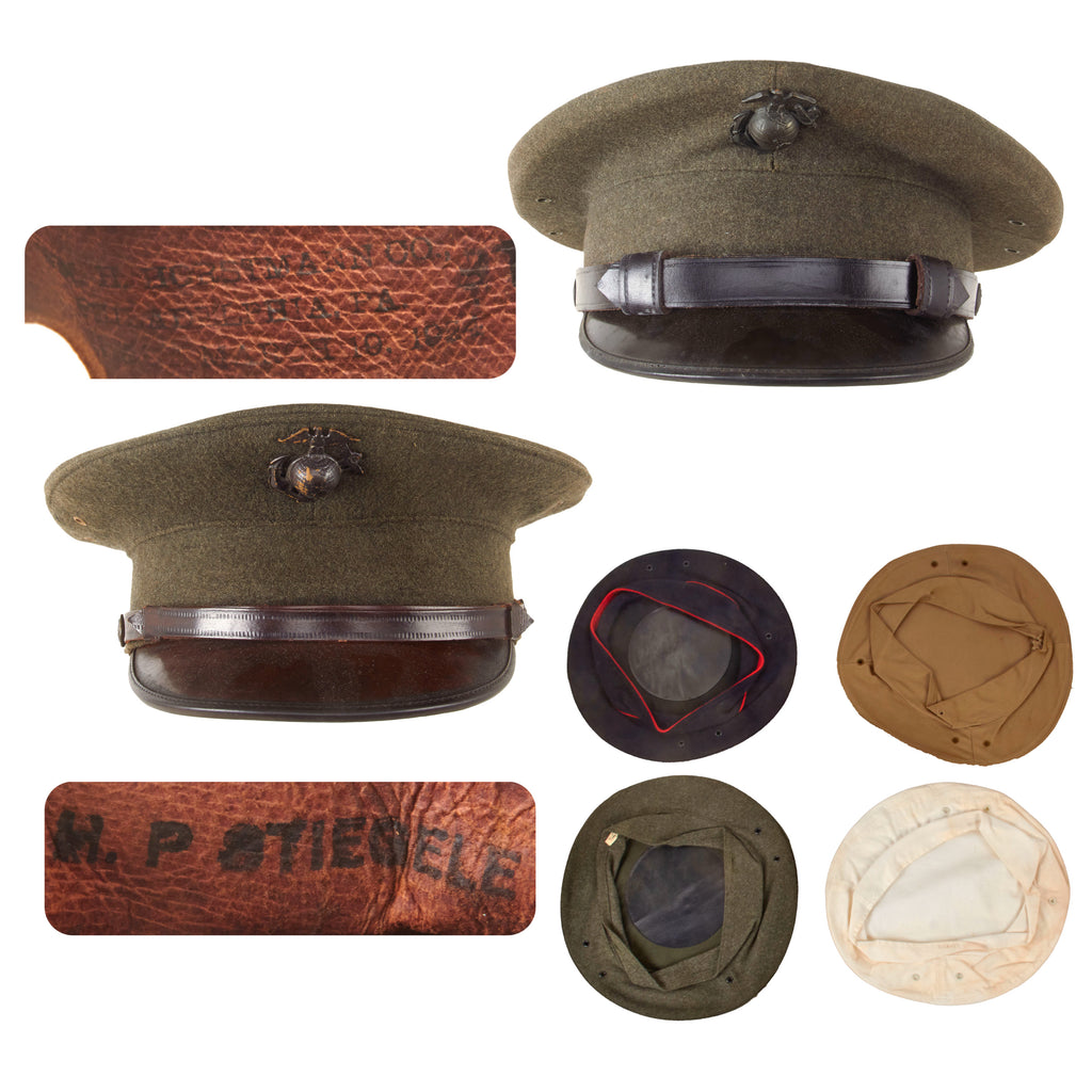 Original U.S. 1920s & WWII USMC Visor Cap Lot - 1 1930s Visor and 1 WWII Visor with Cap Covers