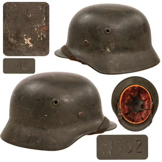 Original German WWII Heer Army M35 Former Single Decal Helmet with 1943 Dated 57cm Liner & RBNr. Marked Chinstrap - Stamped Q64 Original Items
