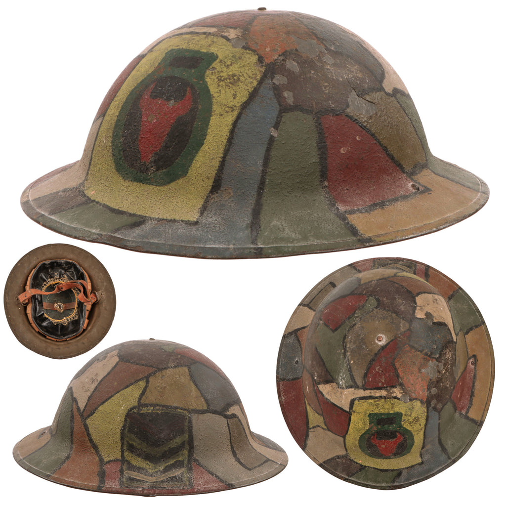 Original U.S. WWI M1917 34th Sandstorm Division Camouflage-Painted Doughboy Helmet with Liner & Chinstrap - Excellent