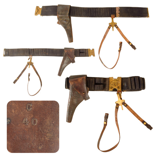 Original U.S. Spanish American War Blue New York Officer’s Mills & Orndorff 100 Round Double Loop .45-70 Ammunition Belt with Custom-Added Pistol Cartridge Loops, M1892 .38 Revolver Holster, Saber Chape, and Hanger Original Items