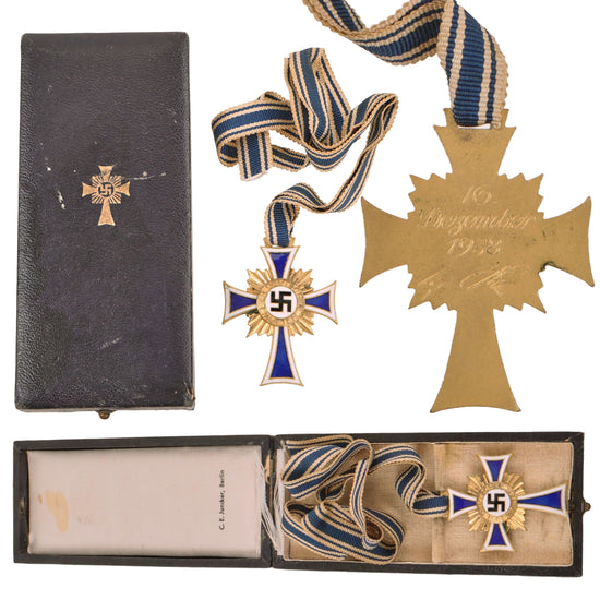 Original German WWII Cased Gold Mother’s Cross with Ribbon by C. E. Juncker of Berlin