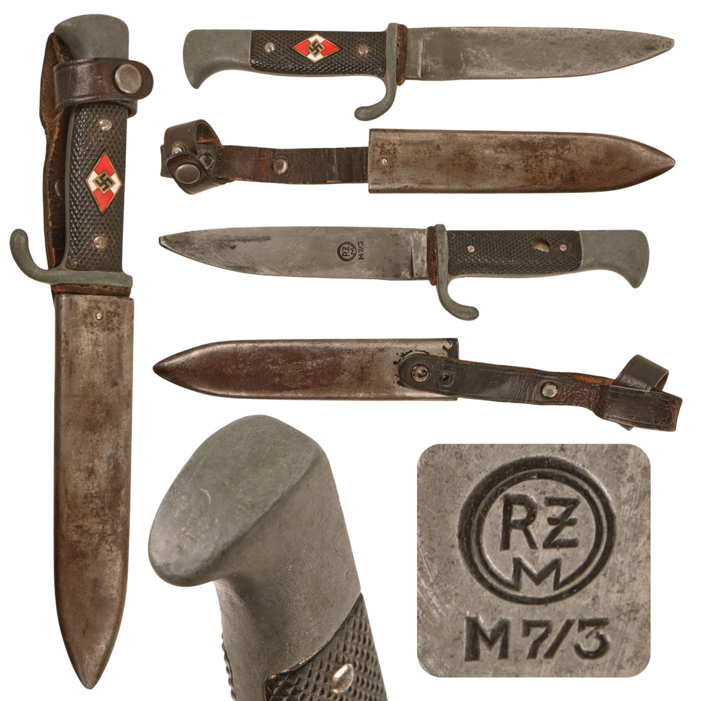 Original German WWII Late Pattern HJ Knife by Rare Maker Kuno Ritter of Solingen with Scabbard - RZM M7/3 Original Items