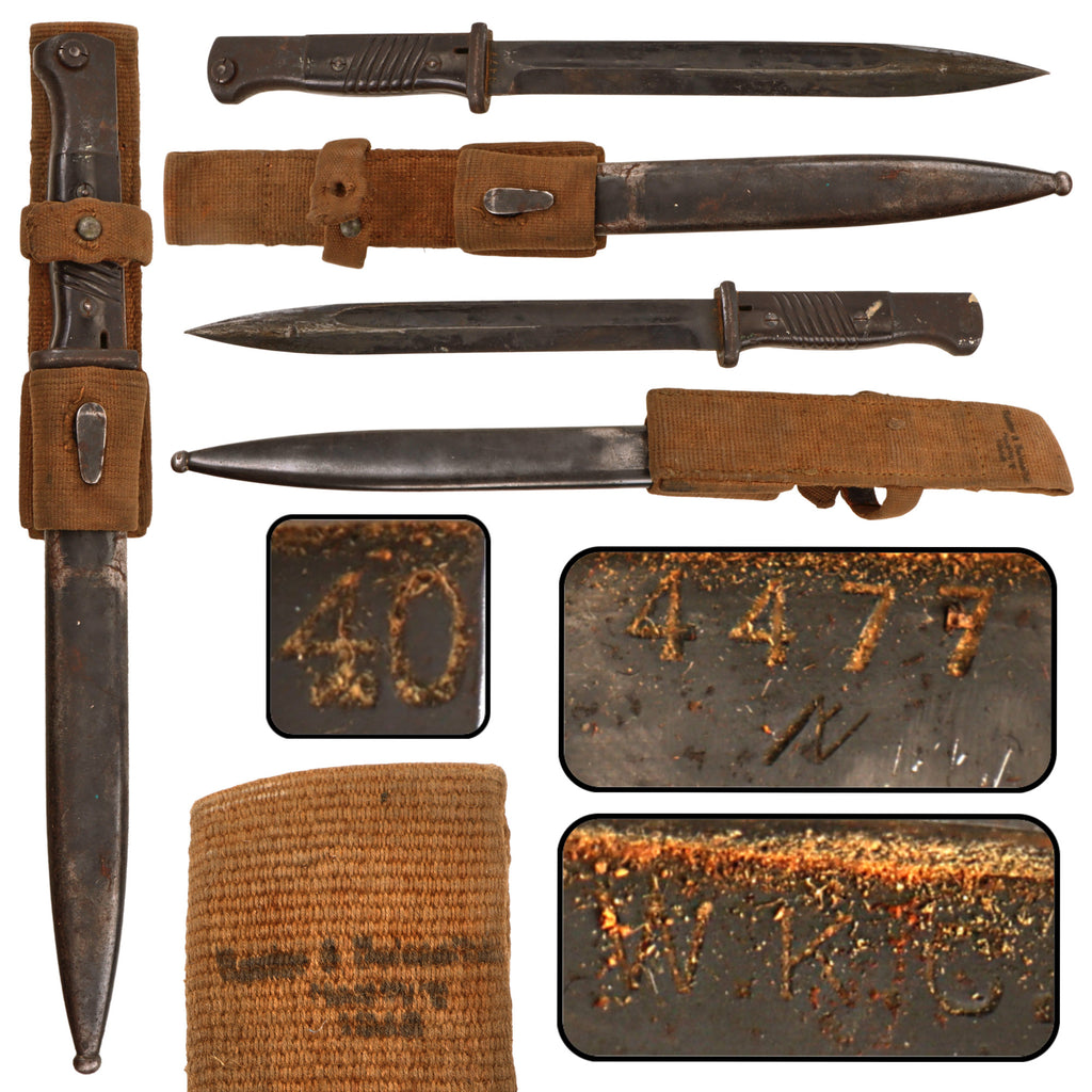 Original German WWII 1940-Dated 98k Bayonet by W.K.C. with Rare Tropical Afrikakorps DAK Canvas Web Frog & Mismatched Scabbard