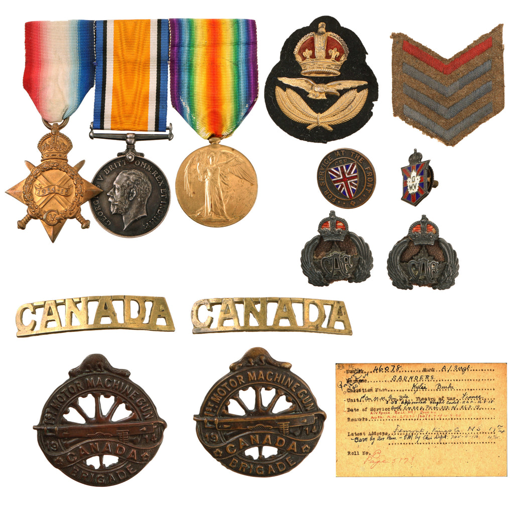 Original Canadian WWI Medal & Badge Group to Canadian Motor Machine Gunner Who Joined RAF at End of War - Wylie Burke Saunders