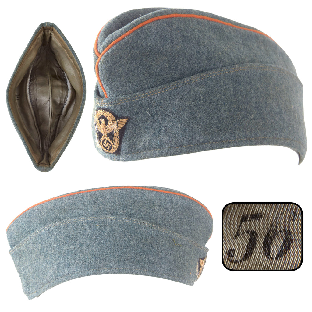 Original German WWII Gendarmerie Rural Police M38 Schiffchen Overseas Cap with Orange-Yellow Piping, Size 56