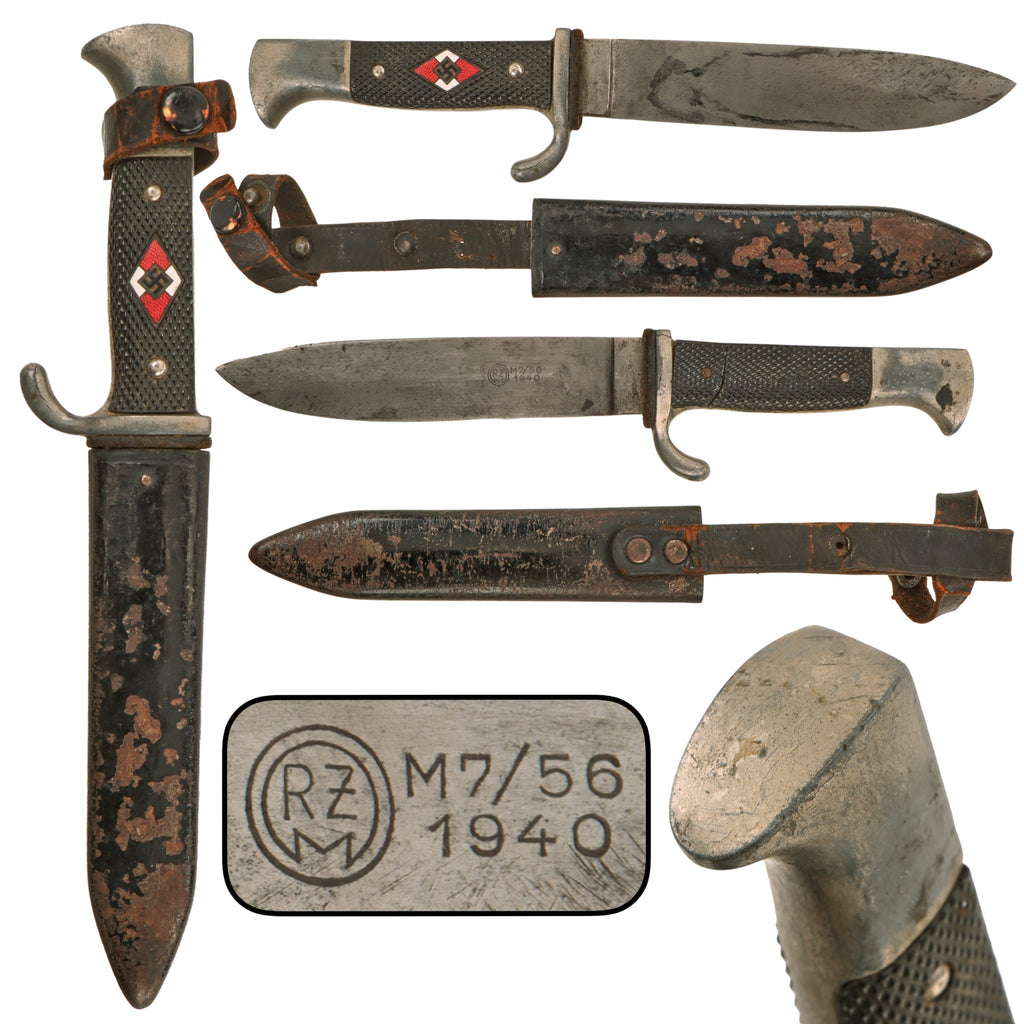 Original German WWII Late Pattern HJ Fahrtenmesser Knife by Rare Maker C.D. Schaaff of Solingen with Scabbard, RZM M7/56, Dated 1940