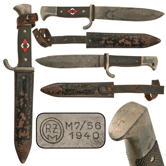 Original German WWII Late Pattern HJ Fahrtenmesser Knife by Rare Maker C.D. Schaaff of Solingen with Scabbard, RZM M7/56, Dated 1940 Original Items