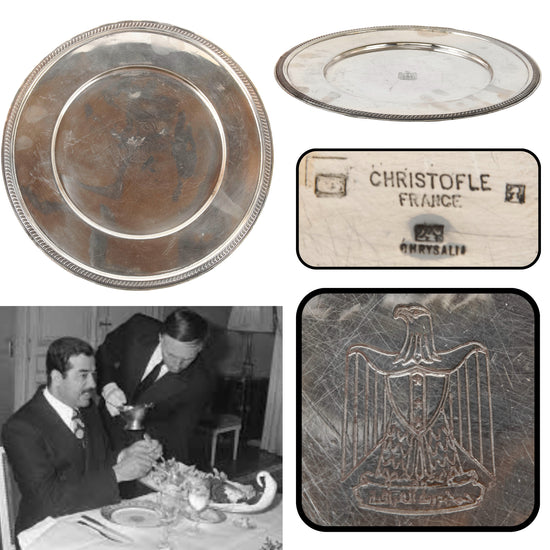Original Iraq War Saddam Hussein Era Iraqi State Christofle Silver Plated Formal Platter with Coat of Arms and Basra Airport Provenance Original Items
