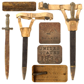 Original U.S. Mexican American War Ames Model 1832 Artillery Short Sword with Scabbard & Scarce Maker-Marked White Buff Belt Rig - Dated 1834 - Service Worn
