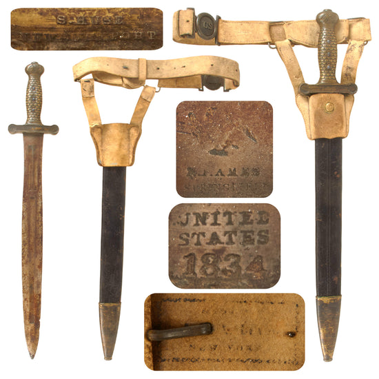 Original U.S. Mexican American War Ames Model 1832 Artillery Short Sword with Scabbard & Scarce Maker-Marked White Buff Belt Rig - Dated 1834 - Service Worn