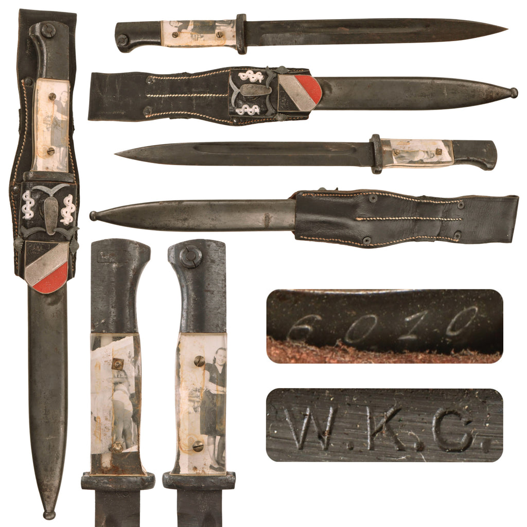 Original German WWII Commercial 98k Bayonet by W.K.C. with US Soldier Custom “Sweetheart” Plexiglass Grips and "Hate" Scabbard - circa 1940-1943 Original Items
