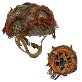 Original British WWII HSAT MKII Paratrooper Helmet Restored with Reproduction Liner, Chinstrap, and Net with Scrim