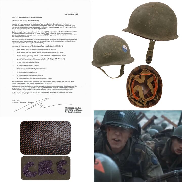 Original U.S. M1 Helmet Used in Steven Spielberg’s Saving Private Ryan with 29th Infantry Division Insignia and Copy of Notarized Letter of Authenticity