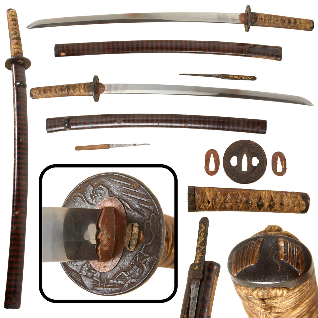 Original 18th Century Edo Period Japanese Handmade Ō-Wakizashi Short Sword with Decorative Lacquered Scabbard and Kogatana Knife