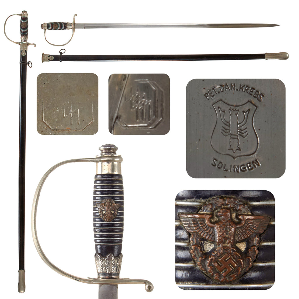 Original German WWII SS Police Officer's Degen Dress Sword and Scabbard by Peter Daniel Krebs with SS-Kulturzeichen Markings Original Items