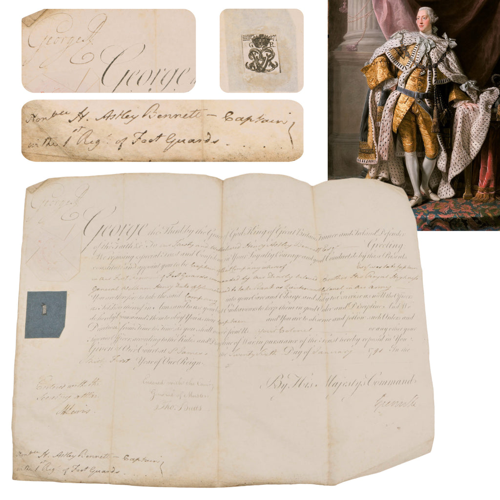 Original British American Revolutionary War Era King George III Signed Military Commission Appointing Henry Astley Bennett as Captain in the 1st Regiment of Foot Guards - Dated January 26th, 1791 Original Items