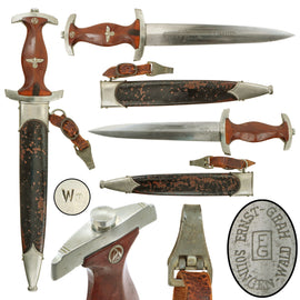 Original German Pre-WWII / WWII NSKK M1933 Service Dagger by Ernst Grah of Solingen-Wald – Rare McSARR 9/10 Maker with Wm Group Marking and Hanger