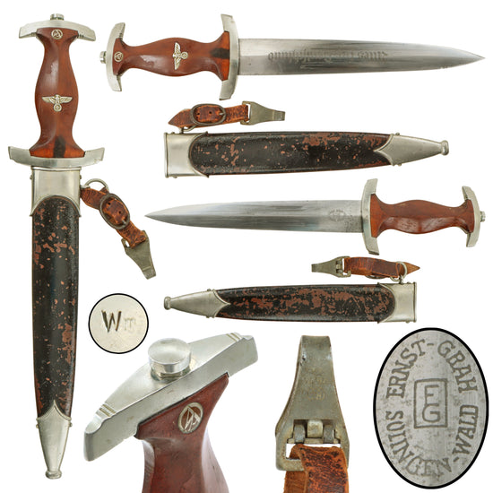 Original German Pre-WWII / WWII NSKK M1933 Service Dagger by Ernst Grah of Solingen-Wald – Rare McSARR 9/10 Maker with Wm Group Marking and Hanger