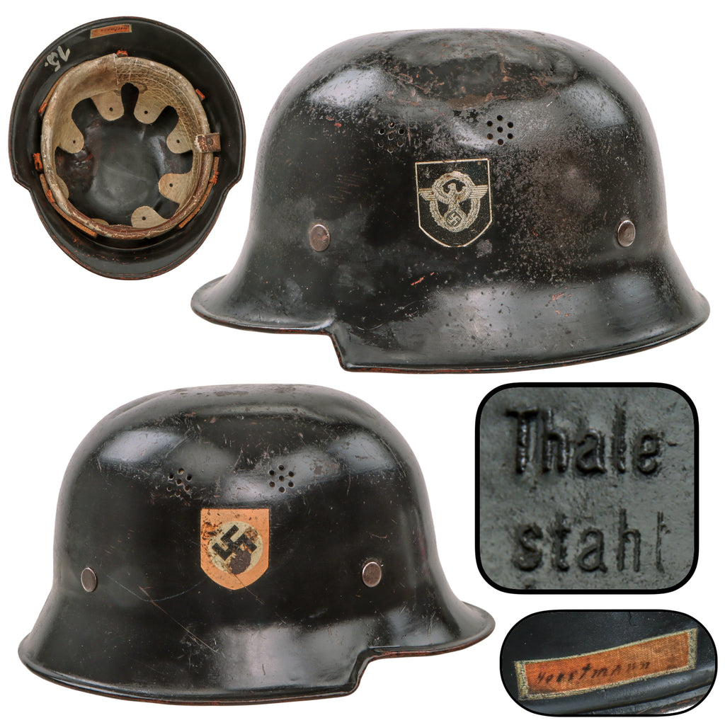 Original German WWII M34 Square Dip Ordnungspolizei Police Double Decal Steel Helmet by Eisenhüttenwerke Thale with Liner