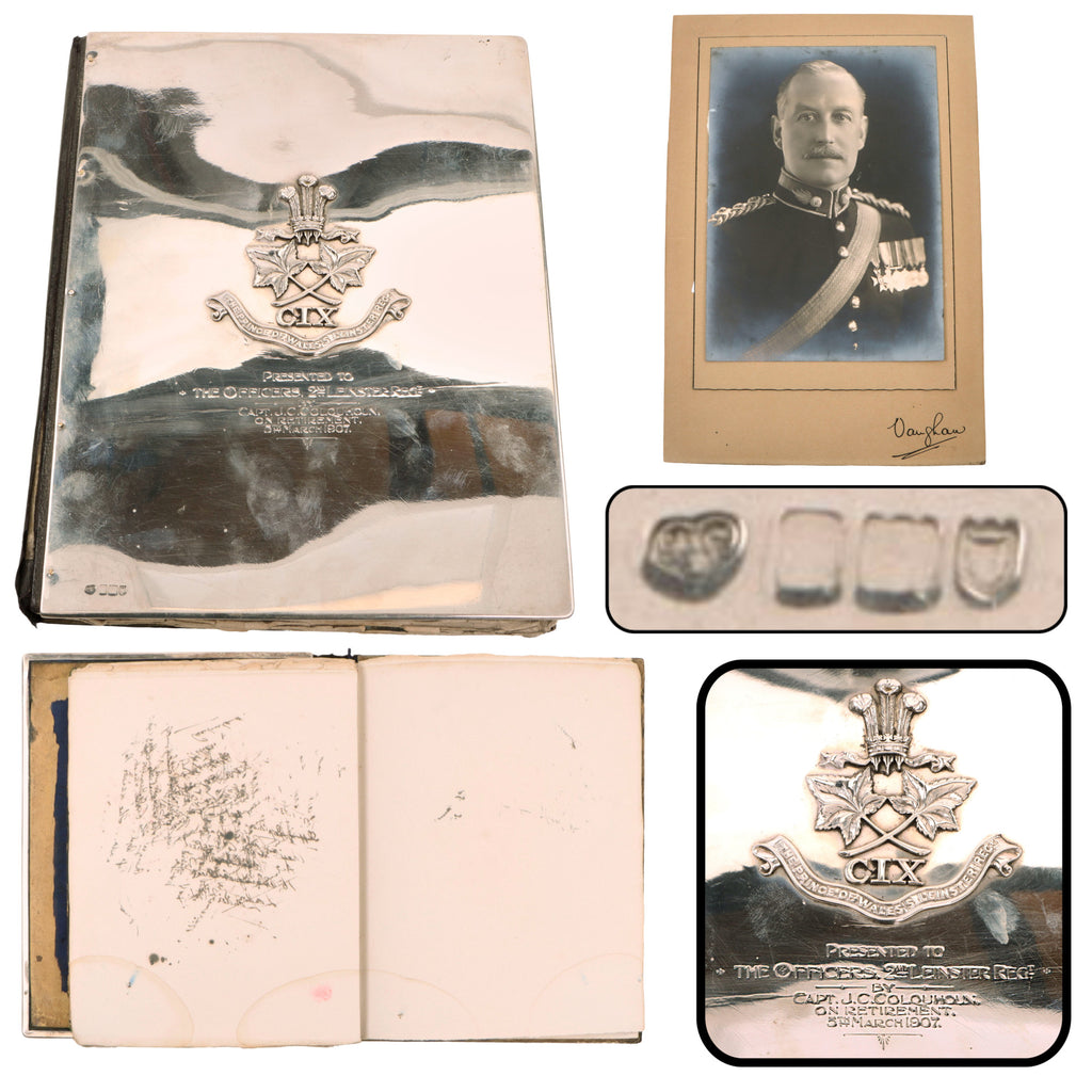 Original British Boer War 2nd Leinster “Prince of Wales” Regiment Presentation Officer’s Document Blotter with 21 Ounce Sterling Silver Engraved Cover with Portrait of Presenter, Capt. Julian Campbell Colquhoun