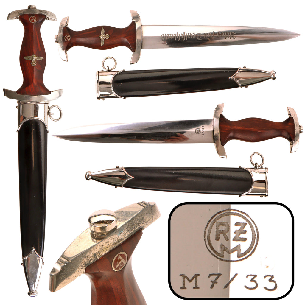 Original German WWII NSKK Dagger by F. W. Höller of Solingen with "Tigered" Grip, Excellent Blade, and Scabbard, RZM M7/33