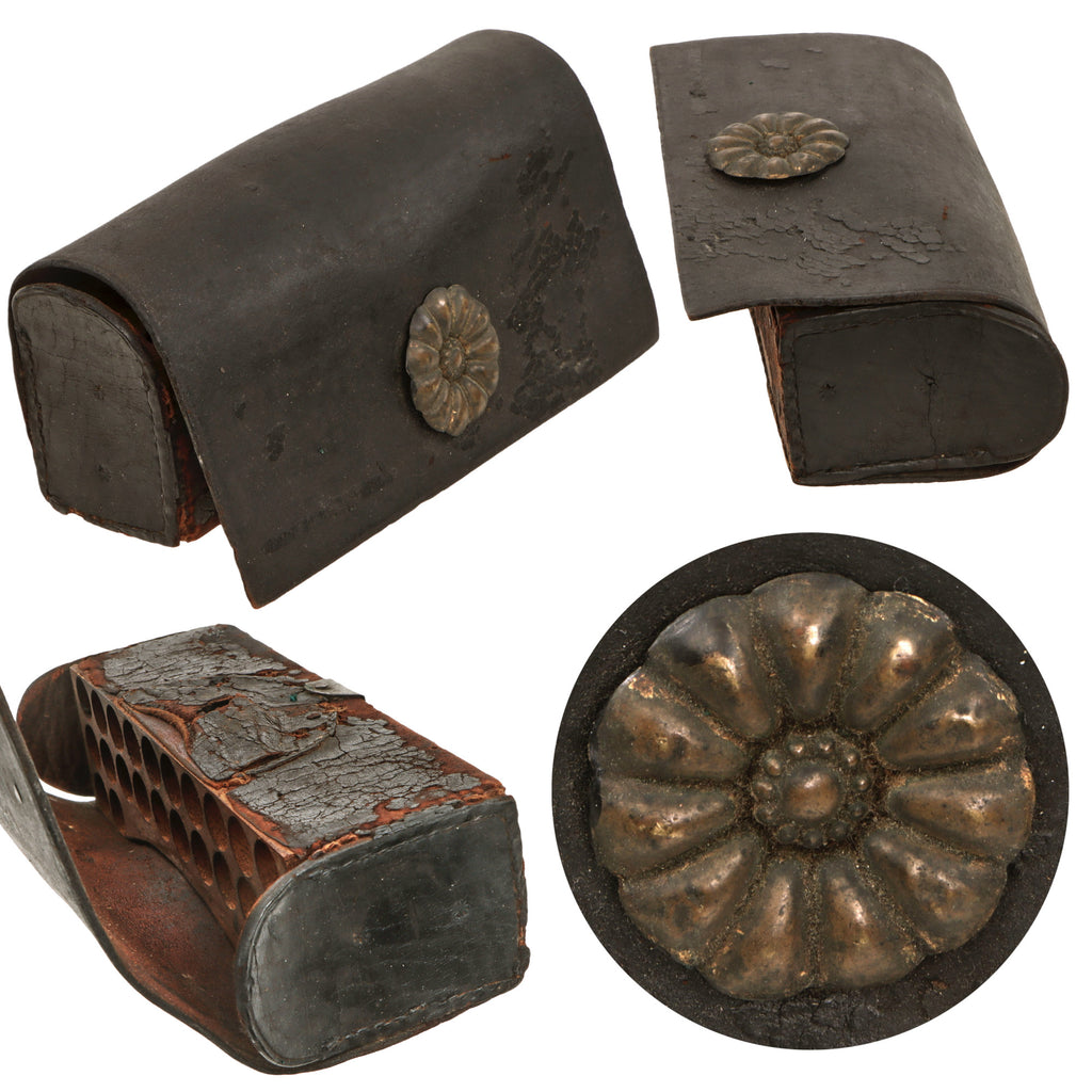 Original U.S. War of 1812 Era American Cartridge Box with Rosette & Wooden Insert - Metal Retaining Loop Intact Original Items