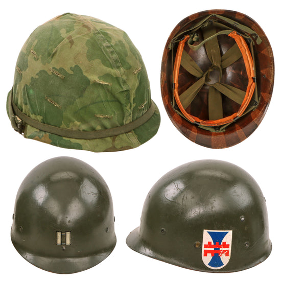 Original U.S. Vietnam War Era M1 Helmet with 1976-Dated Mitchell Pattern Camouflage Cover and Depot-Refurbished Captain’s 412th Engineer Command WWII Westinghouse Liner