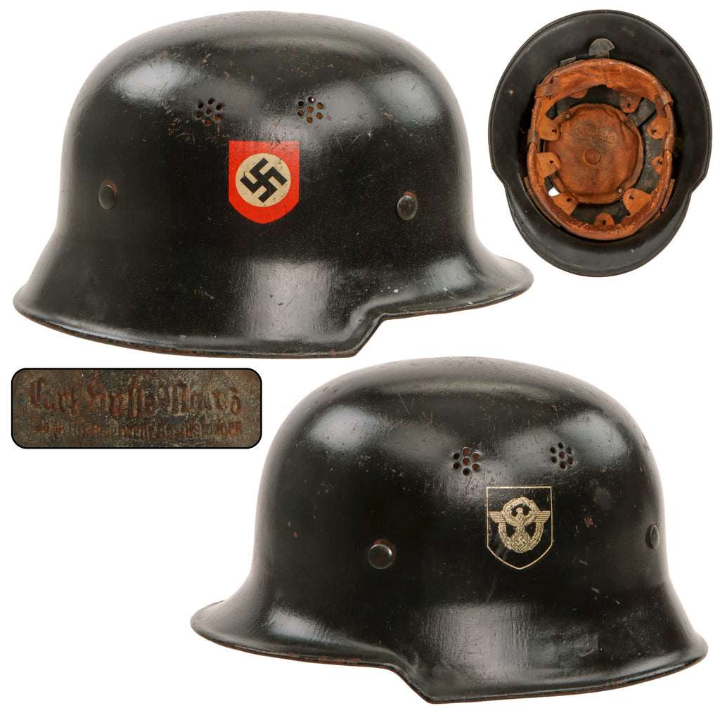 Original German WWII Ordnungspolizei Civic Police Double Decal M34 Square Dip Steel Helmet by Eisenhüttenwerke Thale