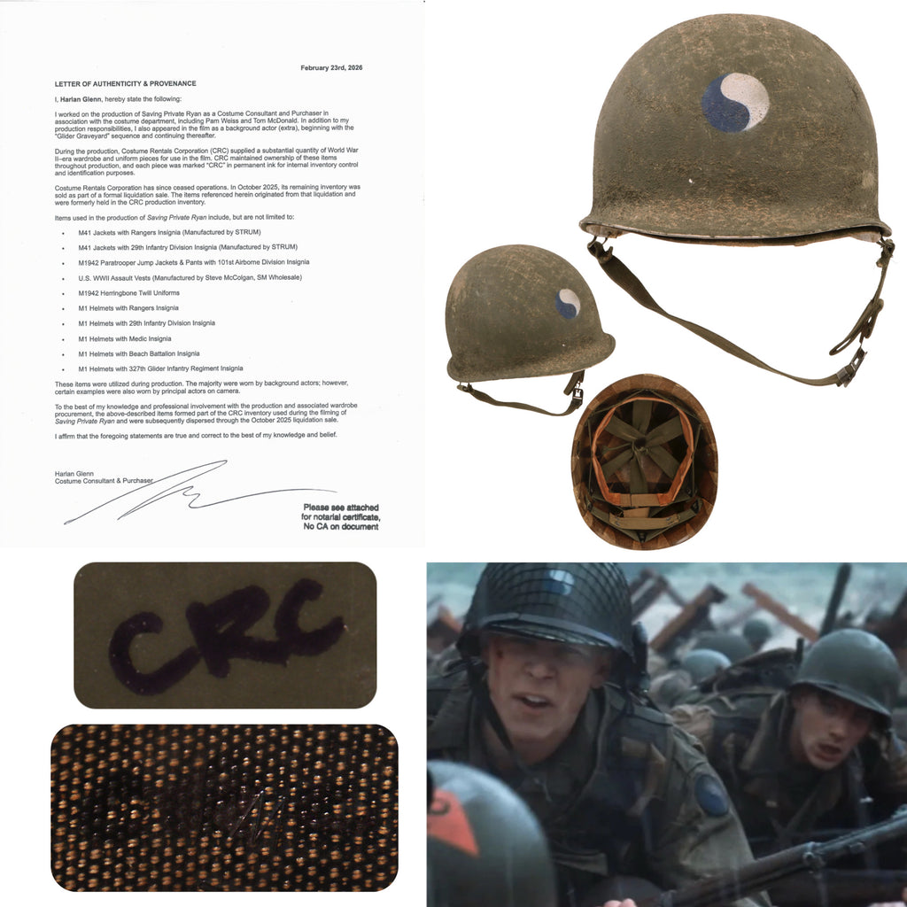 Original U.S. M1 Helmet Used in Saving Private Ryan – 29th Infantry Division – With Copy of Notarized Letter of Authenticity Original Items